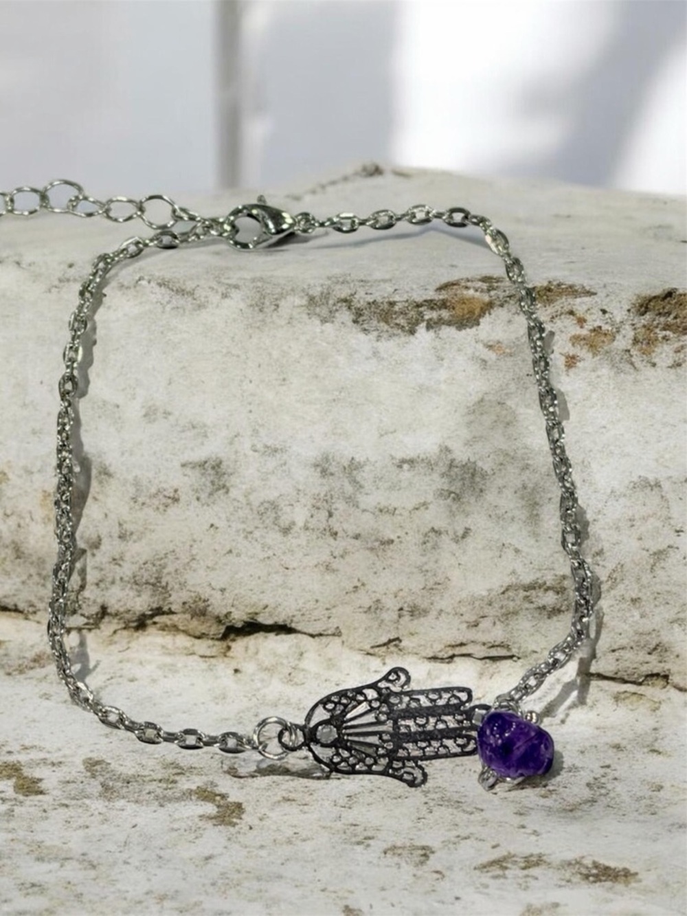 Silver Hamsa Anklet with Purple Amethyst Bead